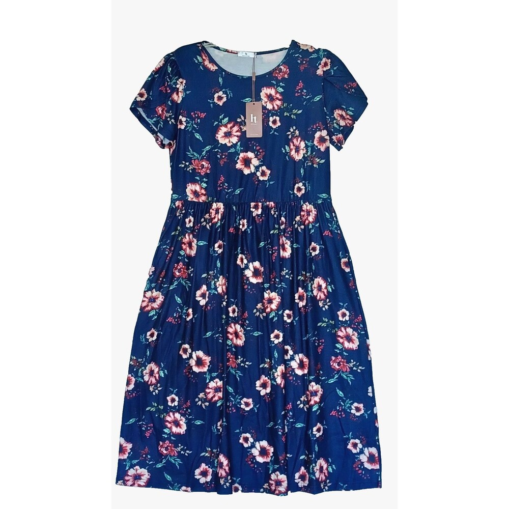 Hotouch Women’s Dress M Midi Blue Floral Casual Short Sleeve Pockets NWT